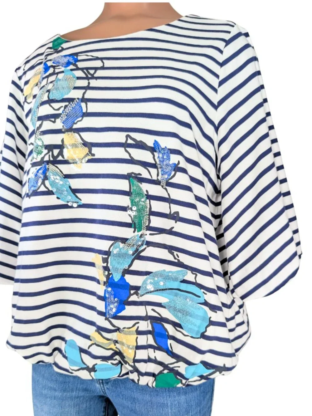 Chico's 2 Large Navy White Stripe Floral Embroidered Lined 3/4 Sleeve Top